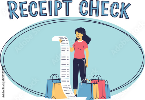 Receipt Check with Woman, Shopping Bags, and Long Bill on White