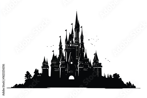 Majestic Castle Silhouette Against White Background A Symbol of Fantasy and Fairytale Worlds For Creative Projects