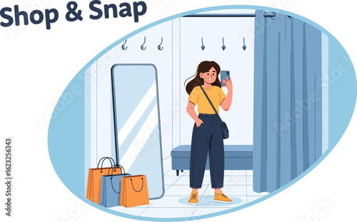 Woman taking selfie in fitting room with shopping bags, mirror