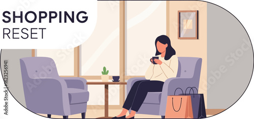 Shopping Reset with Woman Relaxing in Armchair After Purchases