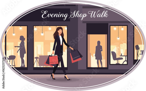 Woman with shopping bags walking on evening shop walk, vector