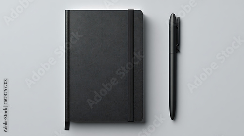 Black notebook with elastic closure and matching pen writing stationery