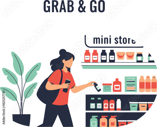 Woman shopping at a mini store, grab and go, convenience store