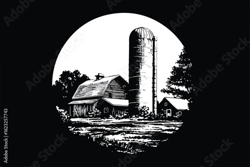 Monochrome Farm Scene Featuring Barn Silo and Outbuildings Creating a Rural Black and White Illustration