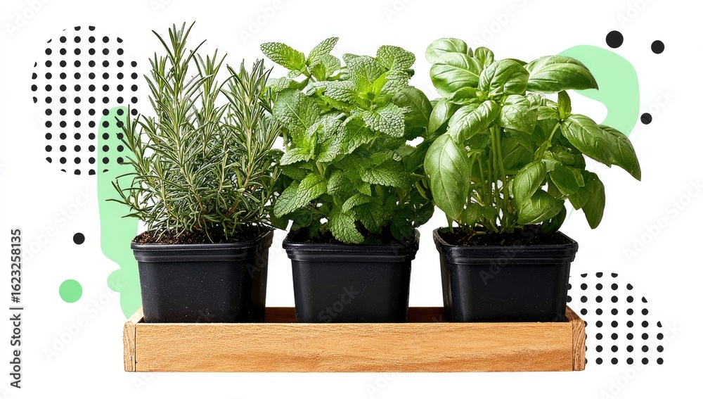 Fototapeta premium Three potted herbs?rosemary, mint, and basil?sit on a light-brown wooden tray