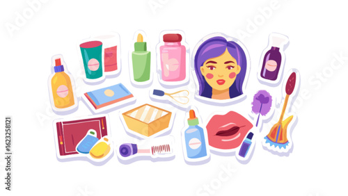 Beauty products skincare makeup cosmetics collection flat lay vector illustration for blog and social media use