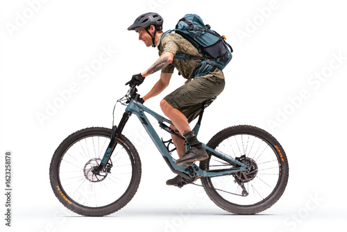 Mountain biker riding an electric mountain bike with a backpack on a white background for adventure and recreation