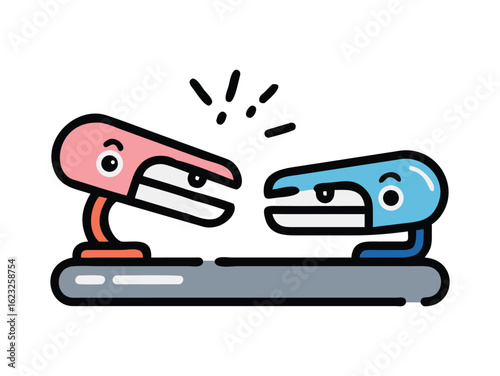 Vector art of two cartoon staplers facing each other, ready to staple, isolated on white background.