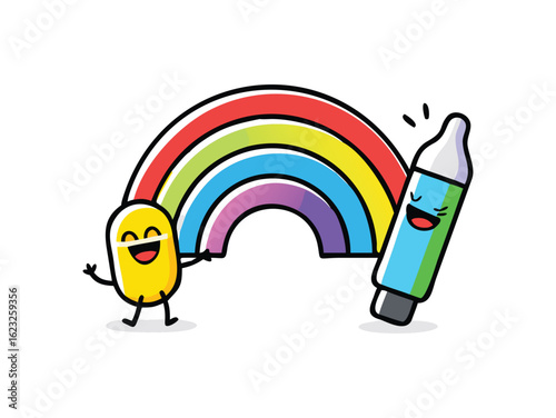 Vector art of happy cartoon pill and vape pen characters smiling together under a colorful rainbow, isolated on white background.