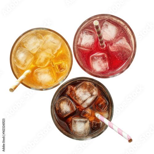 Three chilled drinks in glasses.  Top-down view shows a yellow, a red, and a brown beverage, each with ice cubes and a straw