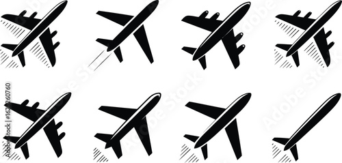 Silhouettes of airplanes in various flight positions against a white background