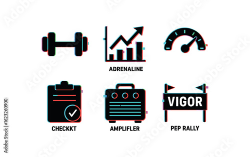 six different glitch effect illustration isolated on white backgorund vigor workout weights vigor adrenaline chart vigor vitality indicator vigor endurance test vigor power amplifier vigor