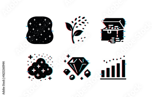 six different glitch effect illustration isolated on white backgorund abundance starfield sky abundance seed scatter abundance wealth chest abundance pollen cloud abundance gemstone trove