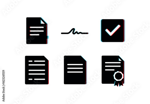 six different glitch effect illustration isolated on white backgorund consent form document consent signature line consent checkbox toggle consent waiver clause consent policy page consent