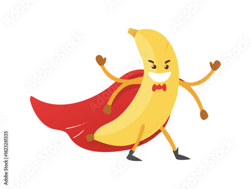 Vector art of a funny cartoon superhero banana character with a red cape, smiling and striking a heroic pose, isolated on a white background.