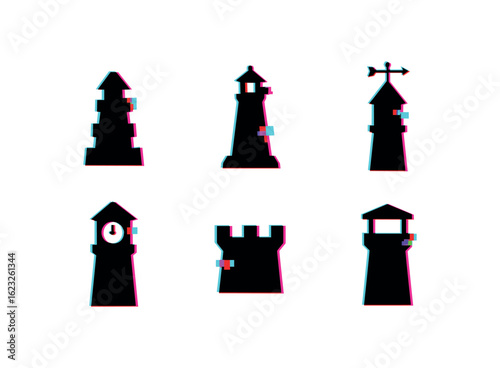 six different glitch effect illustration isolated on white backgorund tower foundation pile tower lighthouse beacon tower wind vane tower clock face tower battlement tower observation deck