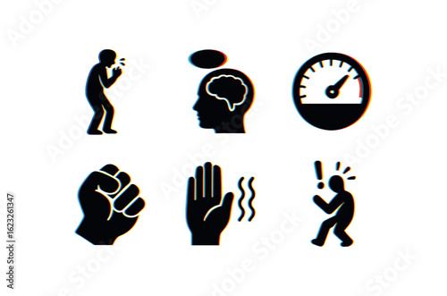 six different glitch effect illustration isolated on white backgorund fear phobia chart fear scan fear cortisol spike meter fear stress ball fear tremor sensor fear reflex coil
