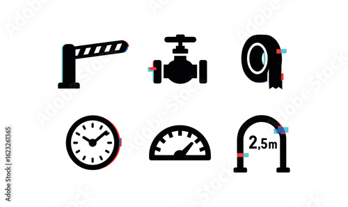 six different glitch effect illustration isolated on white backgorund constraints barrier arch constraints torque limiter valve constraints boundary tape roll constraints time cap dial