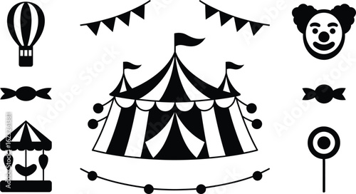 Collection of circus icons including tent hot air balloon and clown face