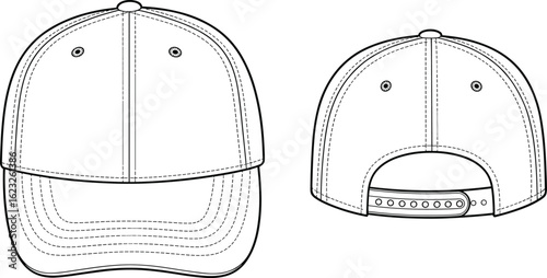 Baseball cap front and back cad drawing flat vector illustration, blank hat outline sketch, snapback cap template, fashion headwear technical flat design
