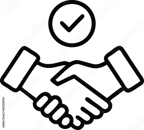 Handshake Icon: A simple yet powerful vector illustration depicts two hands clasped together in a handshake, signifying agreement, partnership, and cooperation. 