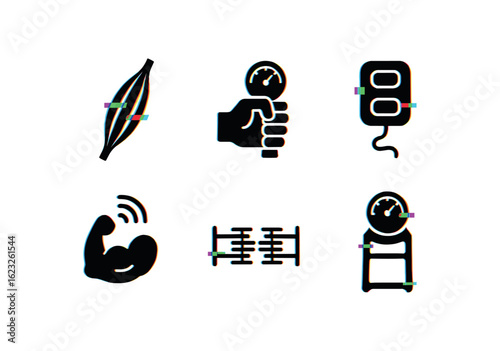 six different glitch effect illustration isolated on white backgorund muscle spindle sensor muscle strength dynamometer muscle recovery patch muscle isotonic trainer muscle sarcomere