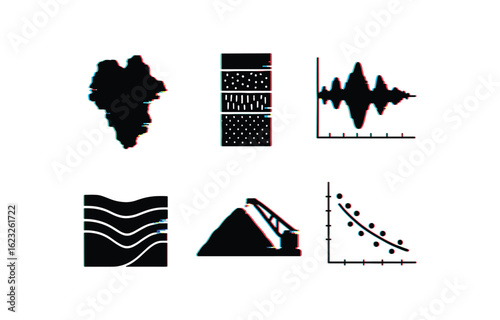 six different glitch effect illustration isolated on white backgorund deposit mineral map deposit lithology log deposit seismic survey deposit cross section deposit stockpile yard deposit