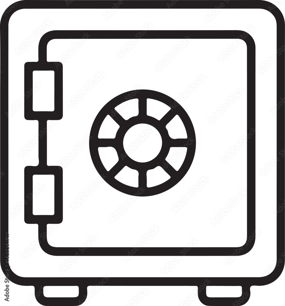 Simple line art icon of a closed metal safe with a combination lock Simple line art icon of a closed metal safe with a combination lock