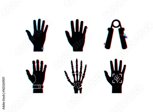 six different glitch effect illustration isolated on white backgorund hand glove liner hand palm print hand grip strengthener hand exoskeleton glove hand joint model hand vein scanner