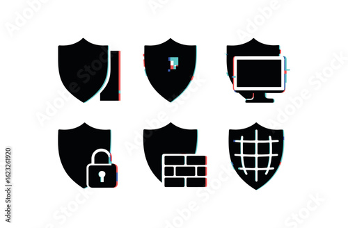 six different glitch effect illustration isolated on white backgorund shield barrier panel shield coating layer shield device shield encryption module shield firewall interface shield