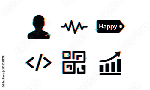 six different glitch effect illustration isolated on white backgorund expression semantic layer expression waveform chart expression mood tag expression scripting engine expression encoding