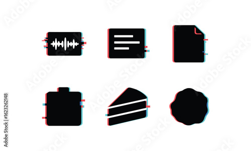 six different glitch effect illustration isolated on white backgorund chunk audio segment chunk text snippet chunk file part chunk module package chunk cake piece chunk clay lump