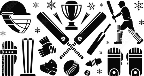 Cricket sports equipment and trophy collection with player silhouette
