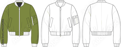 Cropped bomber jacket cad drawing technical flat sketch, front back and side view zip up fashion design with ribbed cuffs and hem