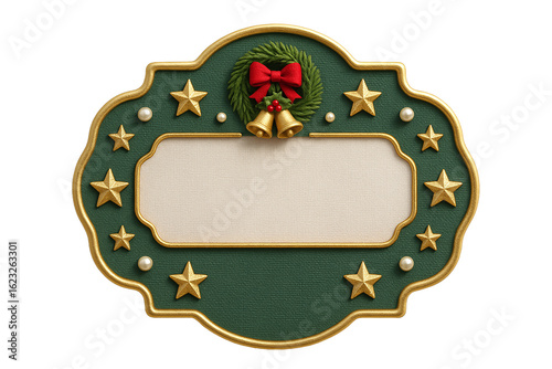 Ornate christmas frame with wreath, bells, red bow, stars, pearls, and a blank center on a black background