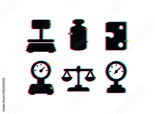 six different glitch effect illustration isolated on white backgorund scale platform calibration mass distribution sensor meter gauge balance beam indicator dial