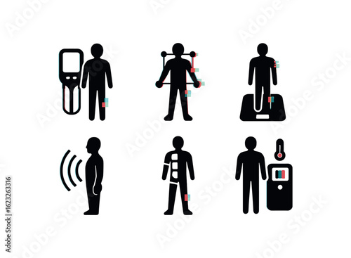 six different glitch effect illustration isolated on white backgorund body fluid analyzer body motion capture rig body composition scale body sonar scanner body part atlas body