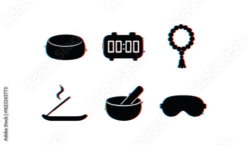 six different glitch effect illustration isolated on white backgorund meditation cushion pad meditation timer alarm meditation mantra beads meditation incense holder meditation singing bowl