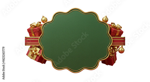 A christmas frame with green background adorned with gifts and golden ornaments on a black backdrop