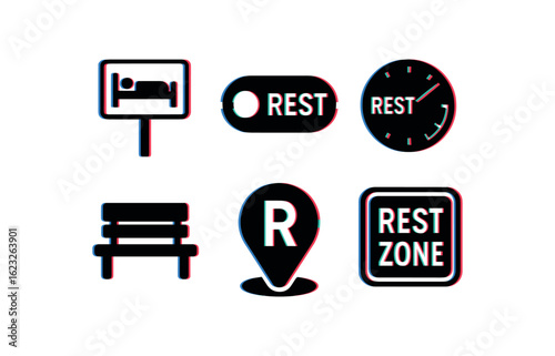six different glitch effect illustration isolated on white backgorund rest area sign rest mode switch rest break timer rest haven bench rest point beacon rest zone marker
