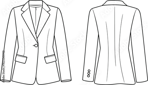 Blazer front and back cad drawing flat vector illustration, single breasted jacket sketch, tailored fit, lapel collar, fashion design template for women
