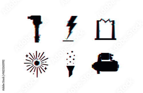 six different glitch effect illustration isolated on white backgorund spark ignition coil spark plasma jet spark electric arc spark firework core spark particle emitter spark starter motor