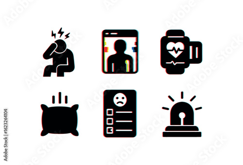 six different glitch effect illustration isolated on white backgorund stress fatigue monitor stress thermal imager stress heart rate monitor stress resilient cushion stress event log stress