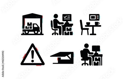 six different glitch effect illustration isolated on white backgorund distribution center loading bay distribution center inventory control room distribution center break room distribution