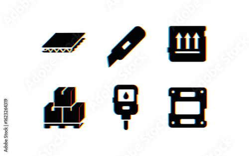 six different glitch effect illustration isolated on white backgorund cardboard corrugated sheet cardboard box cutter cardboard printing stencil cardboard stacking jig cardboard moisture