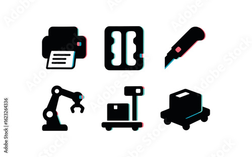 six different glitch effect illustration isolated on white backgorund packing slip printer packing foam insert tray packing box cutter blade packing robot packing scale unit packing