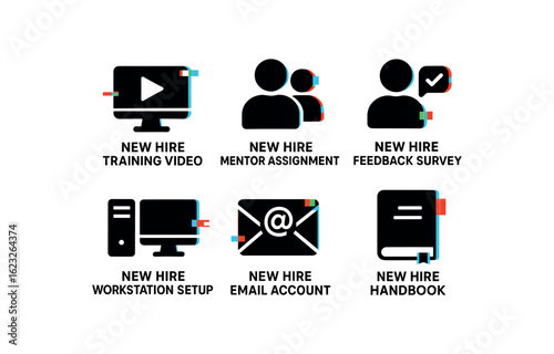 six different glitch effect illustration isolated on white backgorund new hire training video new hire mentor assignment new hire feedback survey new hire workstation setup new hire email