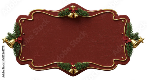 Festive christmas frame with bells and pine branches on a dark red background design element