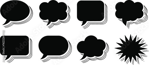 Collection of eight distressed black speech bubble shapes with layered outlines