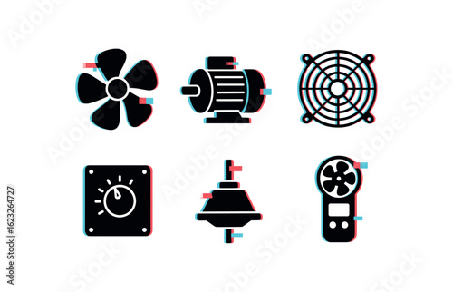 six different glitch effect illustration isolated on white backgorund industrial fan blade assembly industrial fan motor housing industrial fan guard grille industrial fan speed regulator